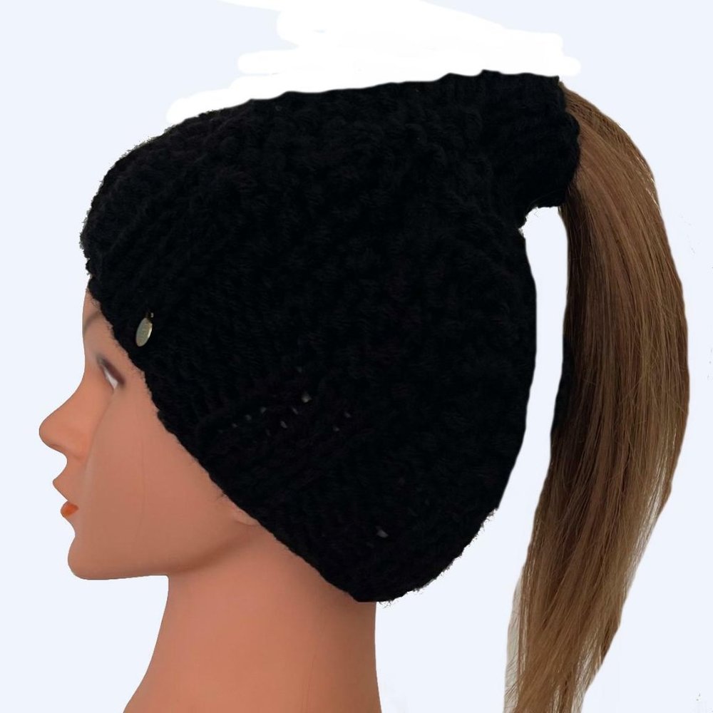 Messy Bun, Pony Tail Hat w Hair Sleeve & Ear Warmer Pads, USA, Black